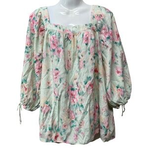 LC Lauren Conrad Floral Peasant Top Square Neck Tie Sleeves Spring Green XXL